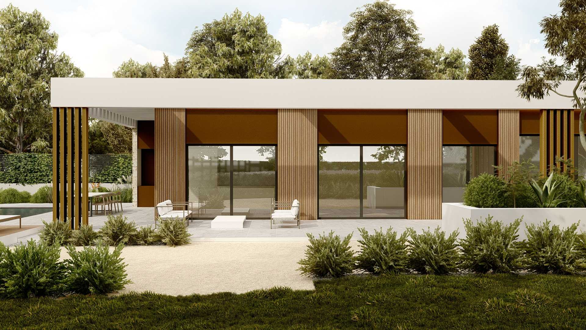 Casa moderna con jardín verde